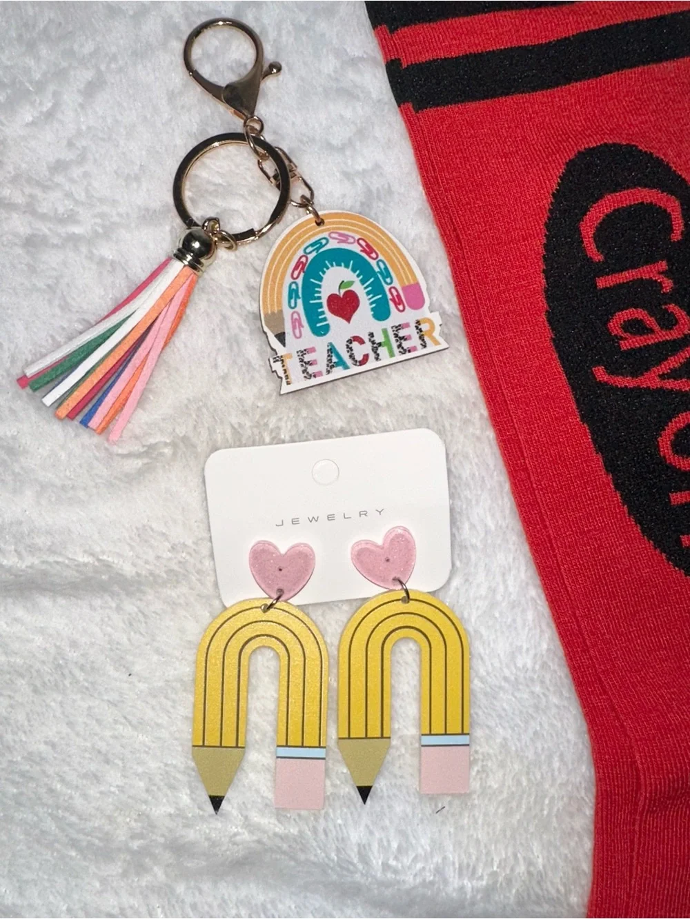 Teacher Gift Accessory Bundle Crayon Socks Keychain Pencil Earrings NWOT